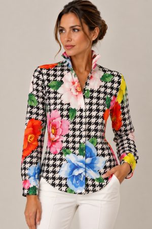 W041 vzorčasta bluza z visokim ovratnikom
